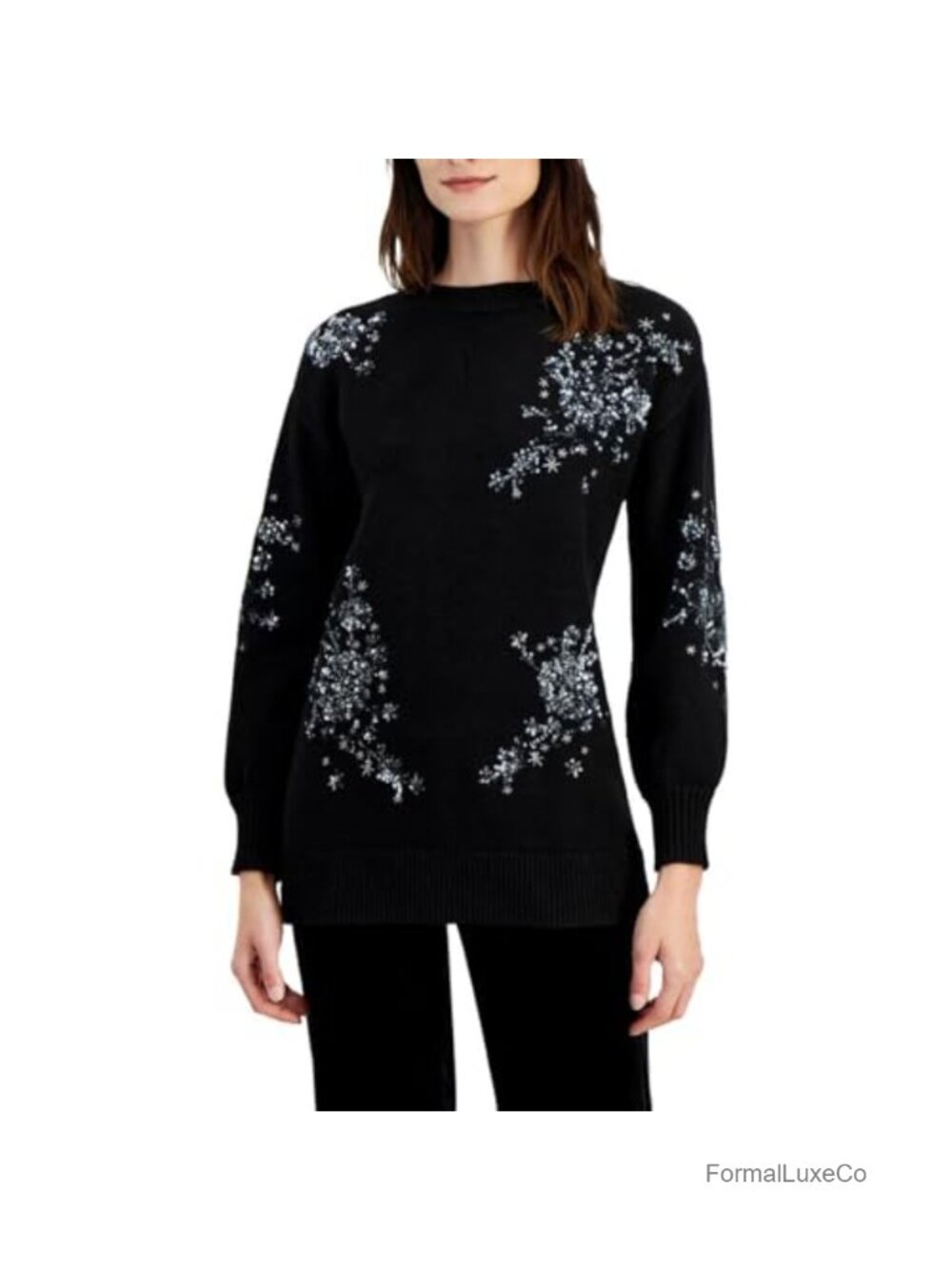 Anne Klein Womens Floral Sequin Tunic Long Sleeve Pullover